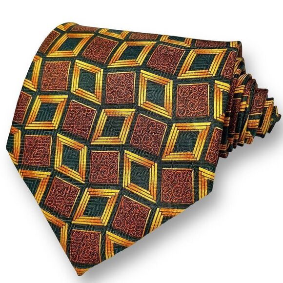 BIJOUX TERNER Men’s Vintage Designer Gold Black Diamond Geometric 100% Silk Tie - Picture 1 of 8